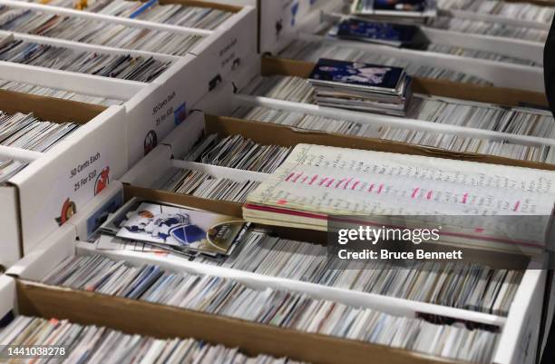 A closeup view of trading cards at the Sports Card Expo at the International Centre on November 12, 2022 in Toronto, Ontario, Canada.