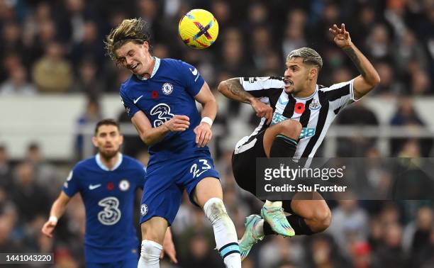 Newcastle player Bruno Guimaraes challenges Conor Gallagher of Chelsea during the Premier League match between Newcastle United and Chelsea FC at St....