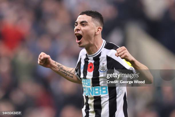 Miguel Almiron of Newcastle United celebrates after victory in the Premier League match between Newcastle United and Chelsea FC at St. James Park on...