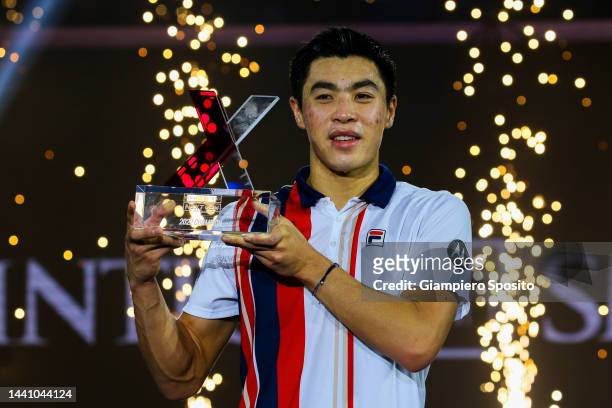 Brandon Nakashima of United States poses with trophy after defeating Jiri Lehecka of Czech Republic during the final on Day Five of the Next Gen ATP...