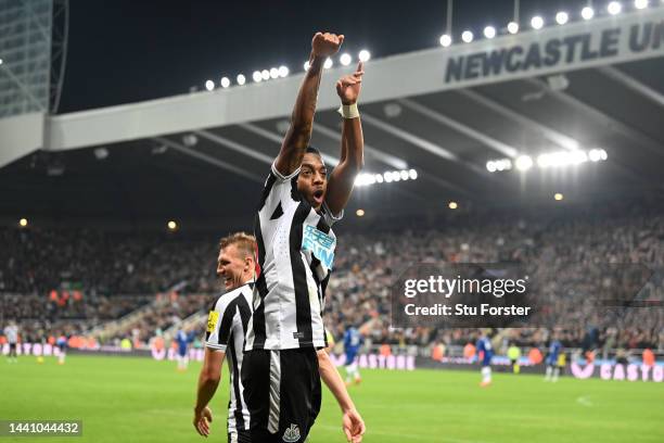 Newcastle player Joe Willock celebrates after scoring the winning goal during the Premier League match between Newcastle United and Chelsea FC at St....