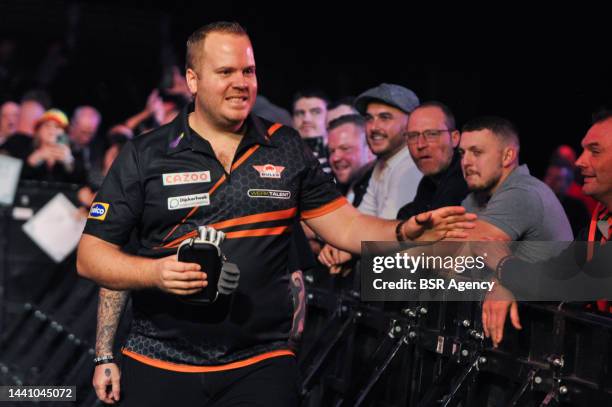 Dirk van Duijvenbode of the Netherlands during the Cazoo Grand Slam of Darts group match at Aldersley Leisure Village on November 12, 2022 in...