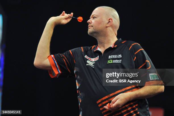 Raymond van Barneveld of the Netherlands during the Cazoo Grand Slam of Darts group match at Aldersley Leisure Village on November 12, 2022 in...