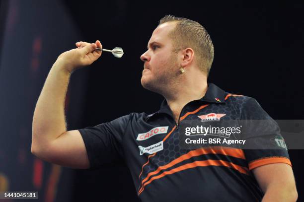 Dirk van Duijvenbode of the Netherlands during the Cazoo Grand Slam of Darts group match at Aldersley Leisure Village on November 12, 2022 in...