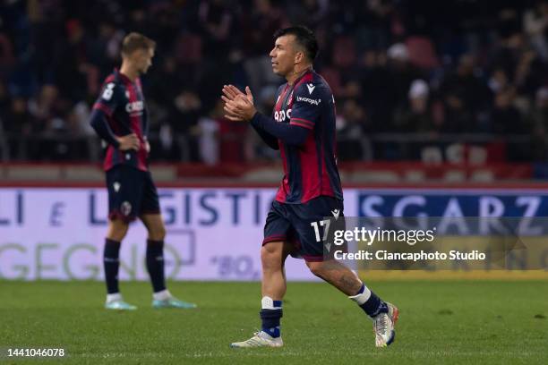 Gary Medel of Bologna FC gestures during the Serie A match between Bologna FC and US Sassuolo at Stadio Renato Dall'Ara on November 12, 2022 in...