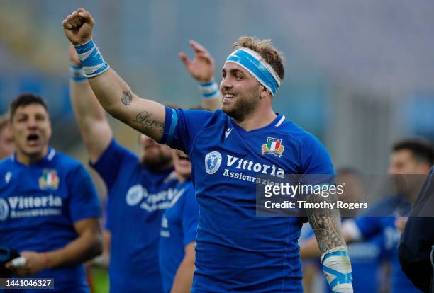 Niccolò Cannone of Italy celebrates at the end of the Autumn International match between Italy and Australia at Stadio Artemio Franchi on November...