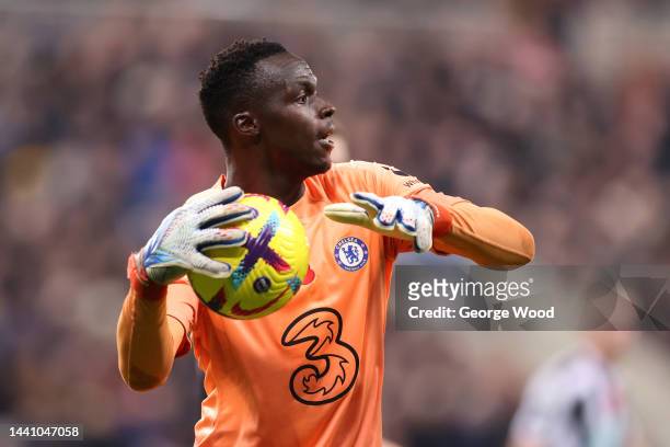 Edouard Mendy of Chelsea in action during the Premier League match between Newcastle United and Chelsea FC at St. James Park on November 12, 2022 in...