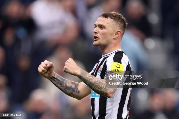 Kieran Trippier of Newcastle United celebrates after victory in the Premier League match between Newcastle United and Chelsea FC at St. James Park on...
