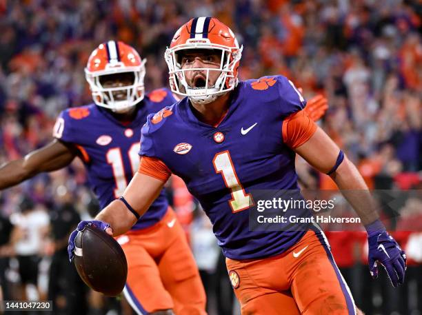 Will Shipley of the Clemson Tigers reacts after scoring a touchdown against the Louisville Cardinals during the second half of their game at Memorial...