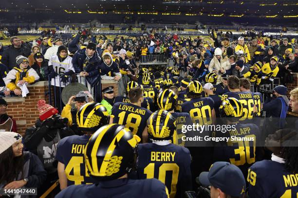 The Michigan Wolverines head up the tunnel after a 34-3 win over the Nebraska Cornhuskers at Michigan Stadium on November 12, 2022 in Ann Arbor,...