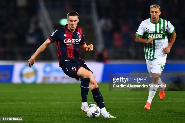 Michel Aebischer of Bologna FC in action during the Serie A match between Bologna FC and US Sassuolo at Stadio Renato Dall'Ara on November 12, 2022...