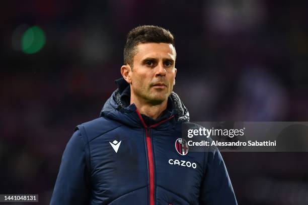 Thiago Motta head coach of Bologna FC looks on during the Serie A match between Bologna FC and US Sassuolo at Stadio Renato Dall'Ara on November 12,...