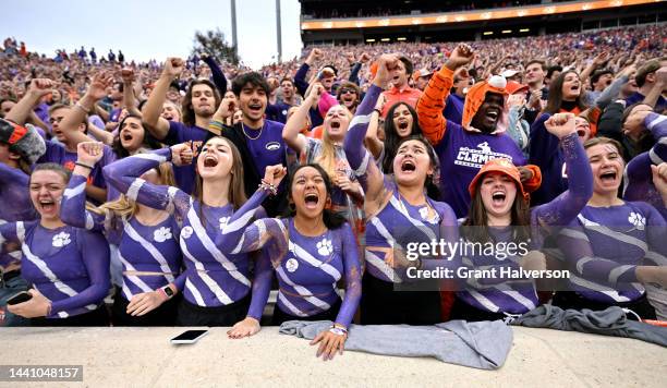 Clemson Tigers fans cheer during the first half of their game against the Louisville Cardinals at Memorial Stadium on November 12, 2022 in Clemson,...