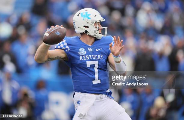 Will Levis of the Kentucky Wildcats against the Vanderbilt Commodores at Kroger Field on November 12, 2022 in Lexington, Kentucky.