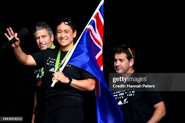 Kennedy Simon of the Black Ferns celebrates with fans during the New Zealand Black Ferns Rugby World Cup 2021 fan reception after beating England to...