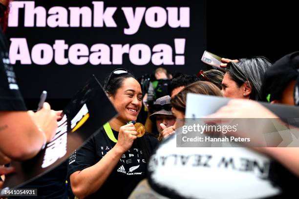 Kennedy Simon of the Black Ferns celebrates with fans during the New Zealand Black Ferns Rugby World Cup 2021 fan reception after beating England to...