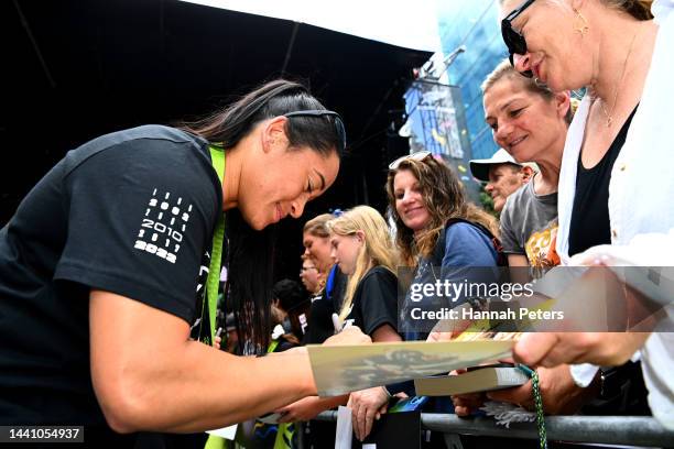 Kennedy Simon of the Black Ferns celebrates with fans during the New Zealand Black Ferns Rugby World Cup 2021 fan reception after beating England to...