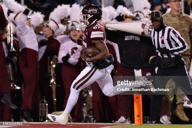 Zavion Thomas of the Mississippi State Bulldogs returns a punt for a touchdown during the first half of the game against the Georgia Bulldogs at...