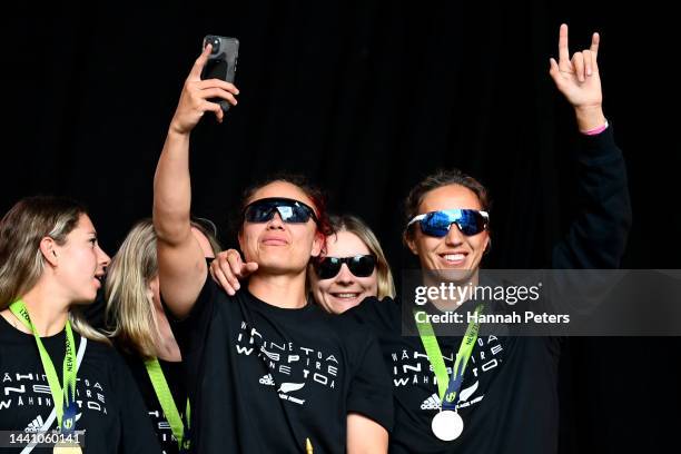 Ruby Tui and Sarah Hirini celebrate with fans during the New Zealand Black Ferns Rugby World Cup 2021 fan reception after beating England to win the...