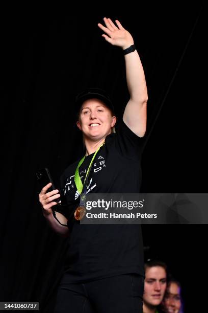 Kendra Cocksedge celebrates with fans during the New Zealand Black Ferns Rugby World Cup 2021 fan reception after beating England to win the Rugby...