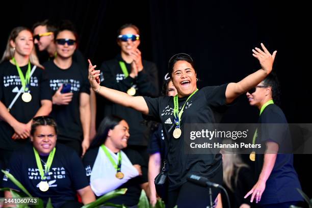 Ayesha Leti-l'iga celebrates with fans during the New Zealand Black Ferns Rugby World Cup 2021 fan reception after beating England to win the Rugby...