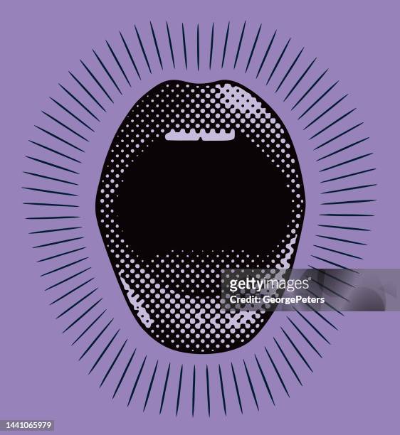 retro style mouth with half tone pattern sunbeams - 30 34 years stock illustrations