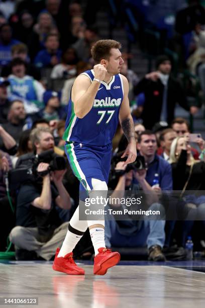 Luka Doncic of the Dallas Mavericks celebrates after scoring against the Portland Trail Blazers in the second quarter at American Airlines Center on...