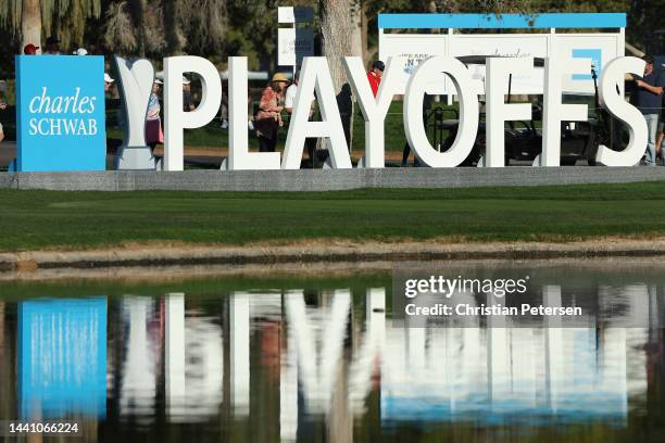 Detail of "Playoffs" boards on the 15th hole during the third round of the Charles Schwab Cup Championship at Phoenix Country Club on November 12,...