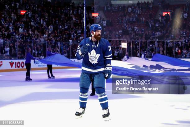 Jordie Benn of the Toronto Maple Leafs is named star of the game against the Vancouver Canucks at the Scotiabank Arena on November 12, 2022 in...