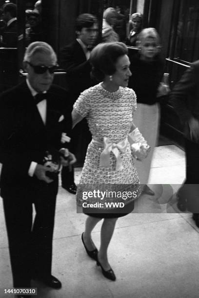 Published; Cropped for publication; Also ran WWD 4/24/1974; The Duke and Duchess of Windsor arriving at the Theatre des Champs Elysees for a...