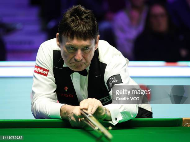 Jimmy White of England plays a shot during the first round match against Ryan Day of Wales on day 1 of 2022 Cazoo UK Championship at Barbican Centre...