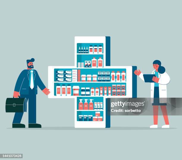 online pharmacy - pharmacist - pharmacist working stock illustrations