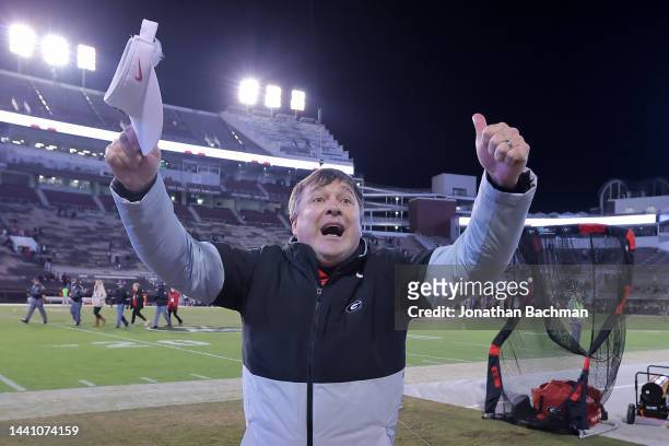 Head coach Kirby Smart of the Georgia Bulldogs celebrates after a game against the Mississippi State Bulldogs at Davis Wade Stadium on November 12,...