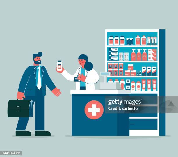 stockillustraties, clipart, cartoons en iconen met pharmacist in the workplace in a pharmacy - healthy lifestyle infographic
