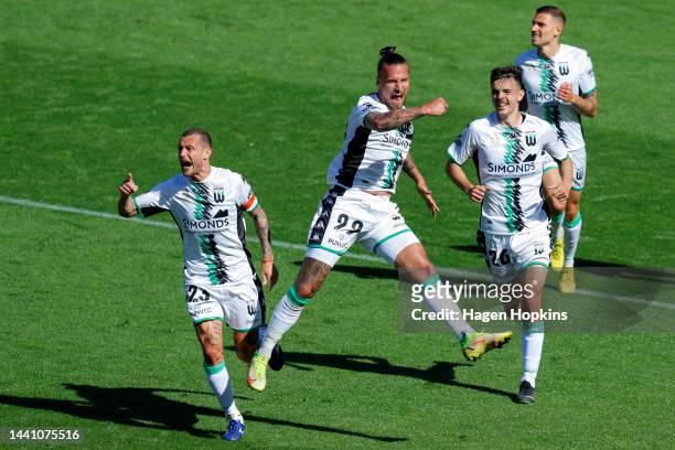 Aleksandar Prijovic of Western United celebrates after scoring a goal during the round six A-League Men's match between Wellington Phoenix and...