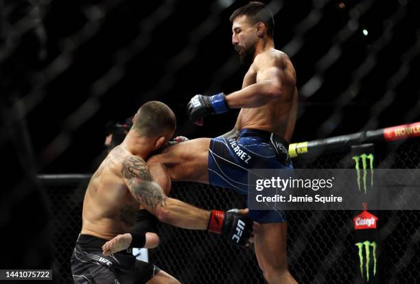 Chris Gutierrez knocks out Frankie Edgar with a knee to the face during their bantamweight fight at UFC 281 at Madison Square Garden on November 12,...