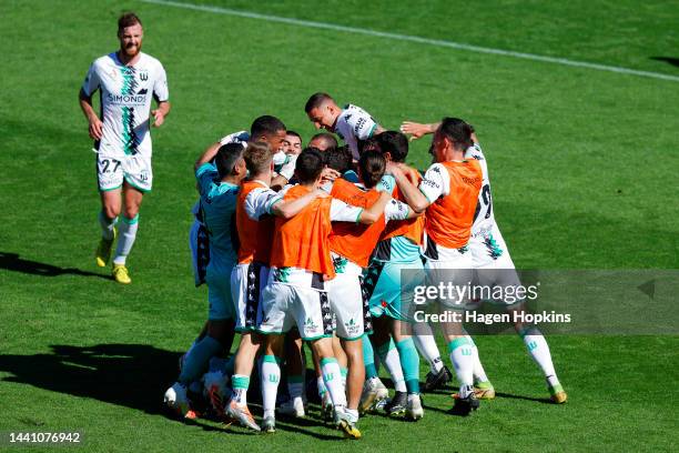 Western United players celebrate the goal of Alessandro Diamanti during the round six A-League Men's match between Wellington Phoenix and Western...