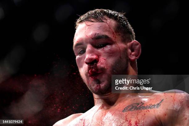 Michael Chandler is seen in his corner between rounds of his lightweight bout against Dustin Poirier during the UFC 281 event at Madison Square...