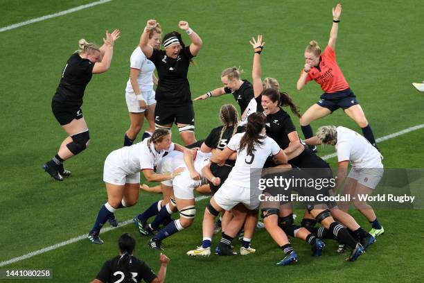 New Zealand celebrate a try during the final Rugby World Cup 2021 match between New Zealand and England at Eden Park, on November 12 in Auckland, New...
