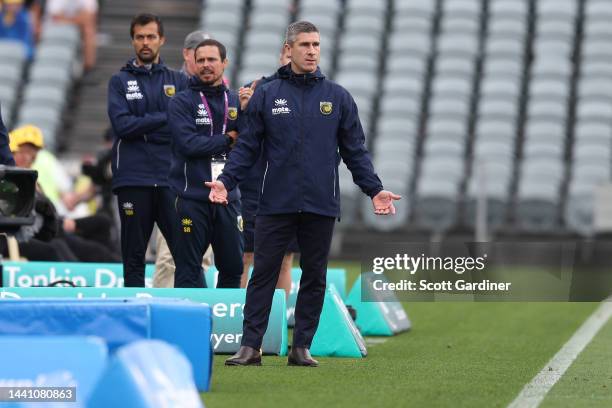 Nick Montgomery coach of the Mariners reacts to the red card given to Brian Kaltak of the Mariners during the round six A-League Men's match between...