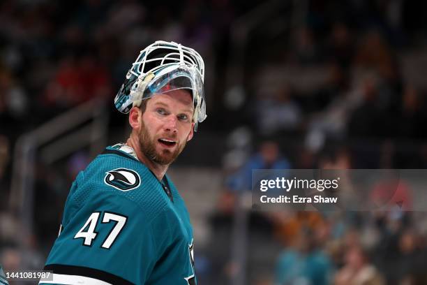 James Reimer of the San Jose Sharks skates to the goal after a time out \afl at SAP Center on November 03, 2022 in San Jose, California.