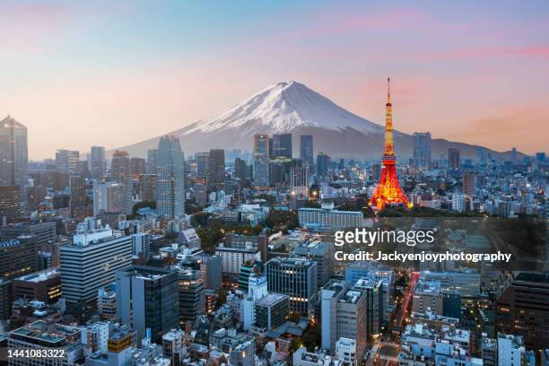 mt. fuji and tokyo skyline - tokyo fotografías e imágenes de stock