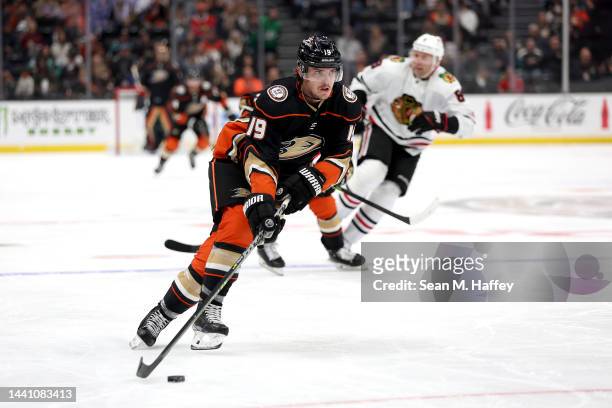 Troy Terry of the Anaheim Ducks skates with the puck during the second period of a game against the Chicago Blackhawks at Honda Center on November...