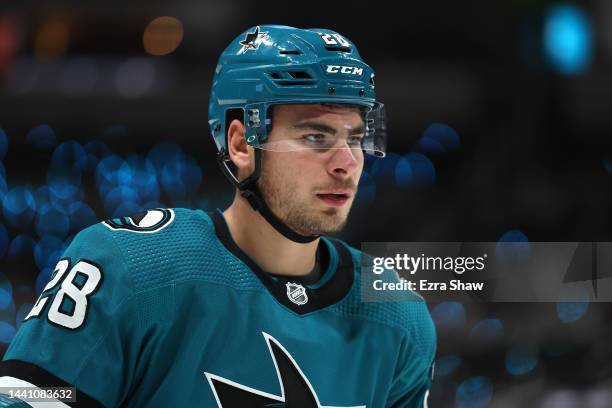 Timo Meier of the San Jose Sharks skates against the Florida Panthers at SAP Center on November 03, 2022 in San Jose, California.