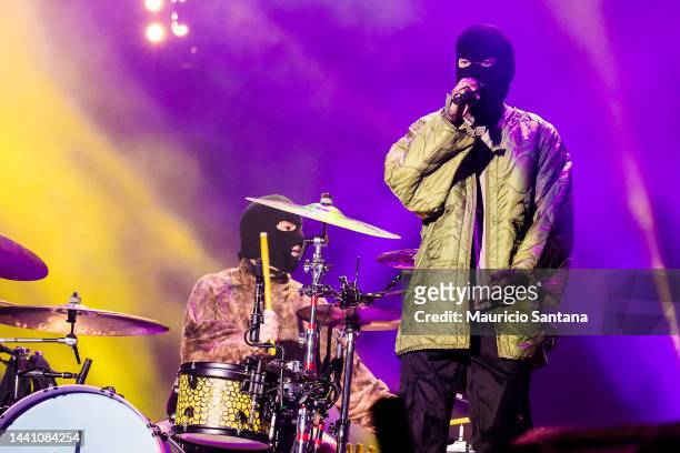Josh Dun and Tyler Joseph of Twenty One Pilots performs live on stage during GPWeek Festival 2022 at Allianz Parque on November 12, 2022 in Sao...