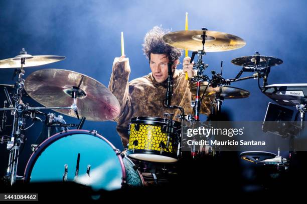 Josh Dun of Twenty One Pilots performs live on stage during GPWeek Festival 2022 at Allianz Parque on November 12, 2022 in Sao Paulo, Brazil.