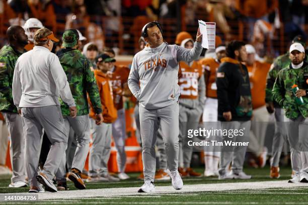 Head coach Steve Sarkisian of the Texas Longhorns reacts in the second half against the TCU Horned Frogs at Darrell K Royal-Texas Memorial Stadium on...