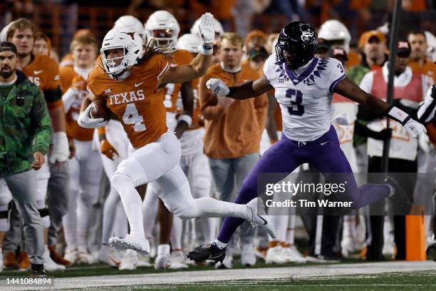 Mark Perry of the TCU Horned Frogs forces Jordan Whittington of the Texas Longhorns out of bounds in the second half at Darrell K Royal-Texas...
