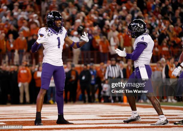 Quentin Johnston of the TCU Horned Frogs reacts after a touchdown reception in the second half against the Texas Longhorns at Darrell K Royal-Texas...