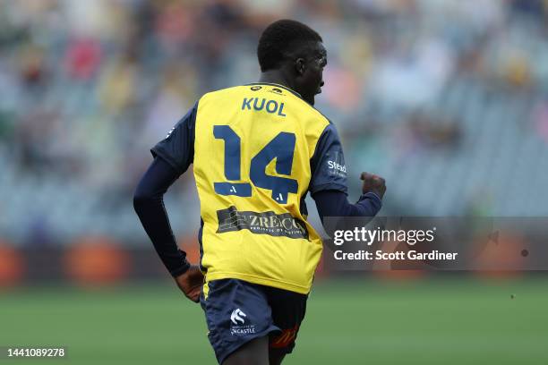 Garang Kuol of the Mariners celebrates his goal during the round six A-League Men's match between Central Coast Mariners and Macarthur FC at Central...